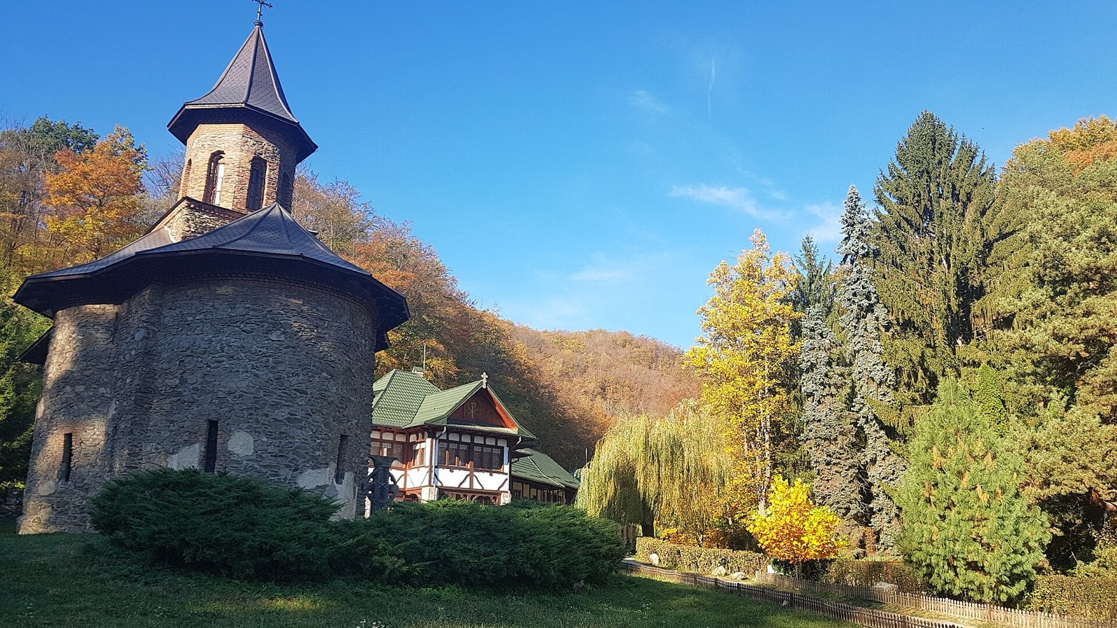 The church and monastery houses against the forest